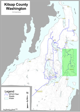 Kitsap Public Utility District (KPUD) has served the county (including Bainbridge, highlighted in green) for many years with a fiber optic internet backbone.
