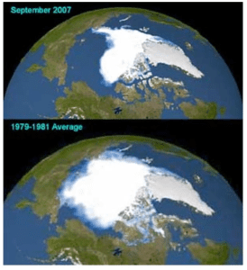 Over a period of 28 recent years, global warming caused a startling reduction in the late summer coverage of arctic ice 