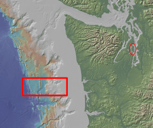 Red rectangle is the ocean area researched by Prof Johnson where 2 plates collide; red oval is Bainbridge Island