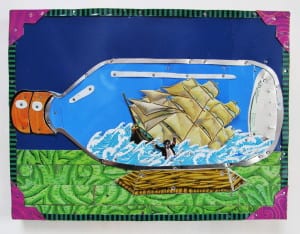 "That Sinking Feeling" is one of the Jenny Fillius tin montage creations in the "Cut and Bent" group exhibition, now at Bainbridge Island Museum of Art (BIMA)
