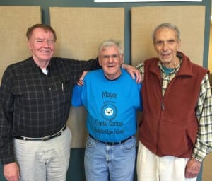 Long-time members of the Oatmeal Club gather at BCB studios: (left to right) retired physician Jim Kadlec, Bainbridge-born Reid Hansen (honorary mayor of Crystal Springs), and retired banker Don Marsh.