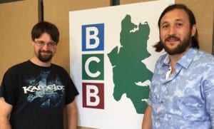 BCB host Miles Schneiderman (left) and Pegasus Open Mic music host Ethan J Perry.